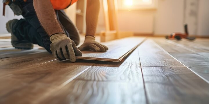 Worker installing wood laminate flooring