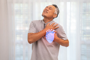 Senior asian adult elderly man with chest pain suffering from heart attack, health and medical,...