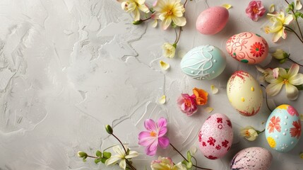 Colorful Easter eggs with beautiful flowers on a light grey stone surface symbolizing the spring season and celebrating Easter with festive treats