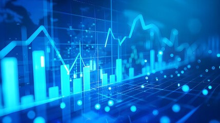 A blurred background with a blue finance graph and investment bar, showcasing growth and success in the market with technology currency reports chart. Business stock world economy AI computer 