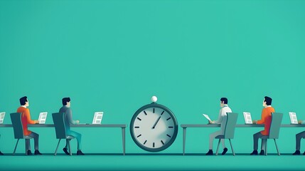 Company Accountants Collaborating at Workstations with Circular Clock in Modern Office