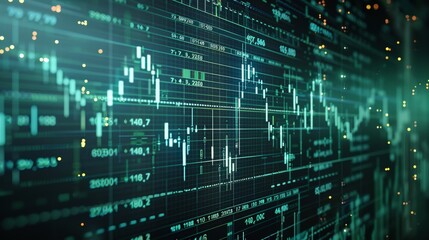 A stock market graph with upward trending lines, indicating growth, on a dark blue background with binary code, with green arrows pointing upwards to symbolize rising value. Generative AI.