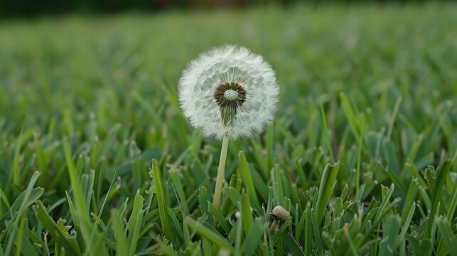  A tight shot of a dandelion amidst a field of grass Grass occupies the foreground, while the background softly blurs with more grass A solitary dand