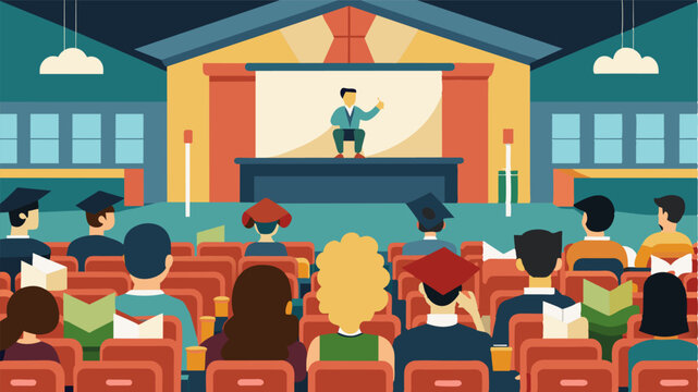 The local high school transformed their auditorium into a stateoftheart movie theater for a special screening of a thoughtprovoking documentary. Students and their families stayed. Vector illustration