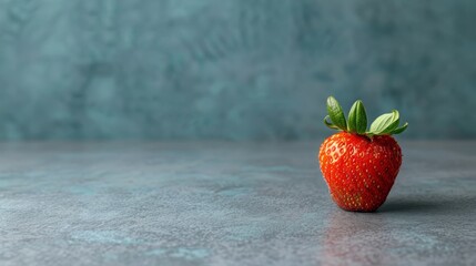  A close-up of a strawberry on a table The strawberry is topped with a green leaf The table's...