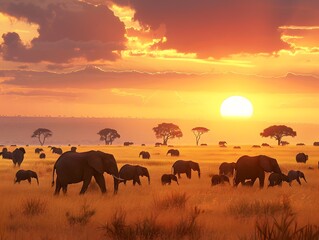 Obraz premium Majestic African Safari Sunset with Herd of Elephants Grazing on Savanna Grasslands
