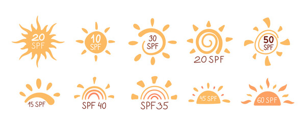 Sun symbols with uv protection factor and spf set, cartoon sun block logos collection, isolated hand drawn uv block icon for sunscreen container, cream bottles and flat sunscreen cosmetic tube.