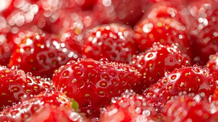  A close-up of strawberries with dewdrops on top and bottom Strawberries are depicted with condensation droplets at their tops and bottoms