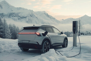 Naklejka premium Remote mountain area with electric car charging stations, mobility solutions for electric vehicles.