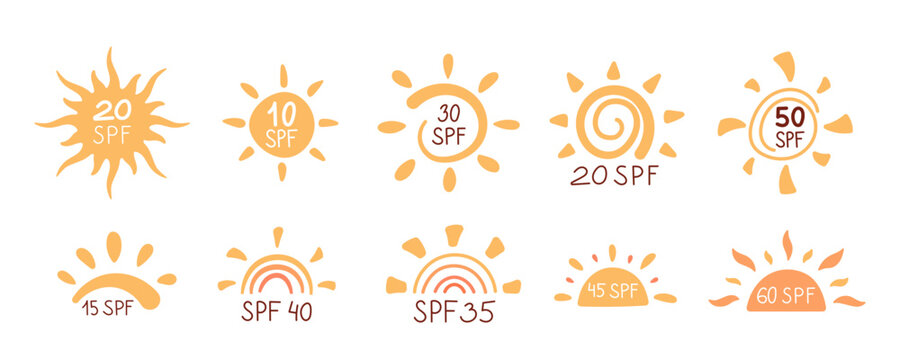 Sun symbols with uv protection factor and spf set, cartoon sun block logos collection, isolated hand drawn uv block icon for sunscreen container, cream bottles and flat sunscreen cosmetic tube.