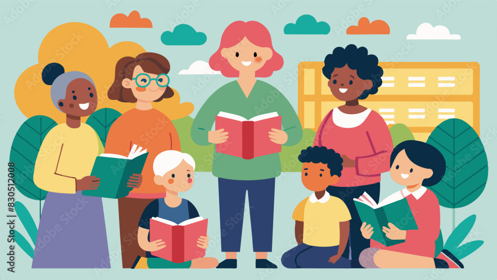 Poster a community literacy program is held at a local community center where volunteers from all ages and 