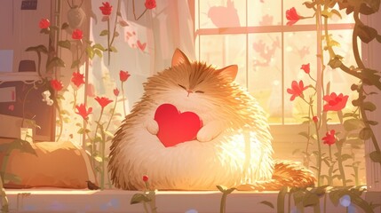 A charming feline depicted in a lovely 2d illustration symbolizing love