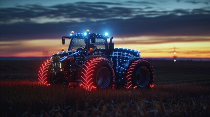 Fototapeta premium Illuminate the nocturnal ballet of automated tractors under the watchful gaze of LED constellations in smart farming.