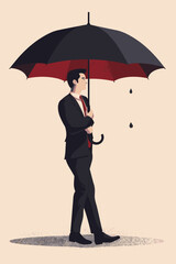 Economic Recovery Post-COVID-19: Businessman Shielding Against Recession with Strong Umbrella