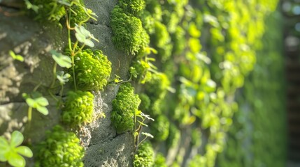  Green plants grow on both sides of the stone wall One side displays lush green foliage, while the opposite side also features greenery with leaves growing against it