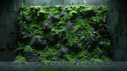  A moss-covered wall, green with rocks and corner plants, is bathed in soft green light emanating from above A thriving plant graces the wall's side
