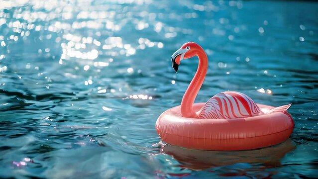 Inflatable flamingo floating on sparkling blue water