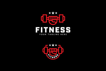 fish hand with barbell logo design for gym fitness training sport club