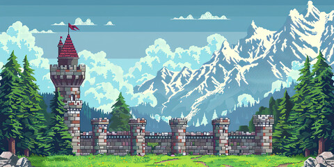 Castle background, video game style illustration castles towers 8-bit, vintage computer graphics, generated ai	