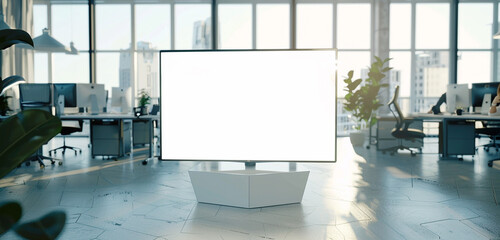Compact hexagonal blank TV screen in a light-filled office with large windows, business team...