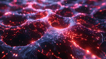 Abstract blue green technology background with a cyber network grid and connected particles. Artificial neurons, global data connections - Generative AI