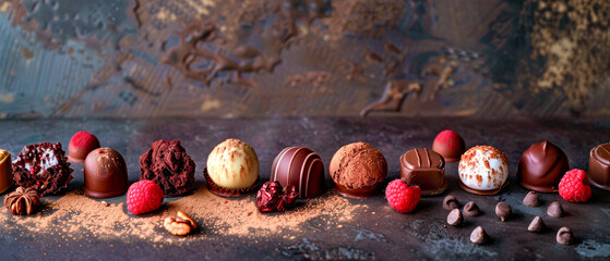 A row of chocolate truffles with raspberries, grungy blurred background