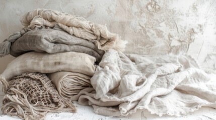  A pile of clothes sits atop a white tablecloth, featuring various shades of gray and white fabrics