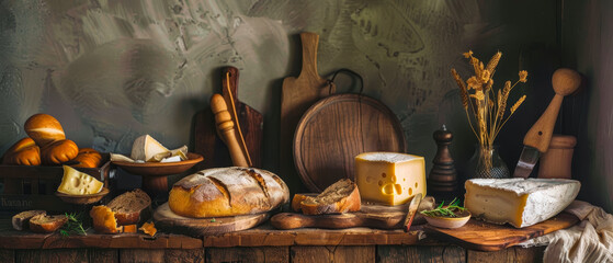 Wooden table with variety of freshly made bread and artisan cheeses, art and craft