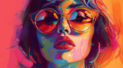 Highres artwork of a trendy woman in sunglasses exudes confidence with vibrant colors.