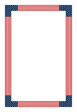 American flag motif, vertical rectangle frame. Decorative rectangular border made of made with stars and stripes pattern, based on the national flag of the United States. Isolated illustration. Vector