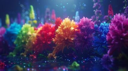 Fototapeta premium A vibrant cluster of flowers sits atop a mirror-like puddle, reflecting the brilliant light beneath