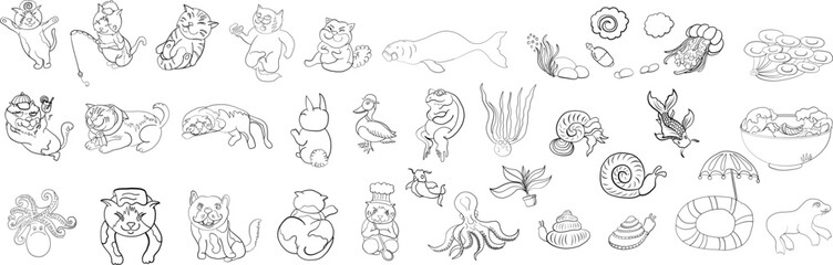 Set of Cat cartoon for printing on sticker.Cat vector illustration for coloring book on white isolated background.