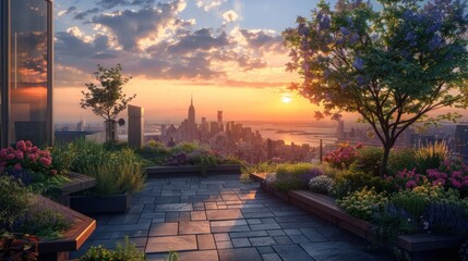 Fototapeta premium Witness the renaissance of rooftop gardens, where urban jungles transform into verdant sanctuaries, nourished by technology.