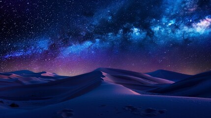 A breathtaking view of the Milky Way shining brightly over a desert landscape. The stars illuminate the sand dunes with a celestial glow.