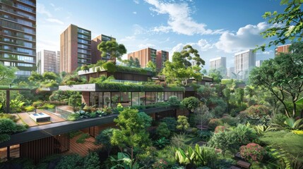 Fototapeta premium Witness the renaissance of rooftop gardens, where urban jungles transform into verdant sanctuaries, nourished by technology.
