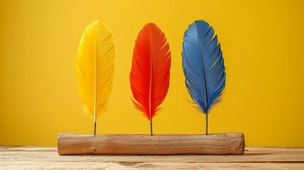  Three vibrant feathers atop a wooden table A separate piece of wood nearby Yellow wall in background