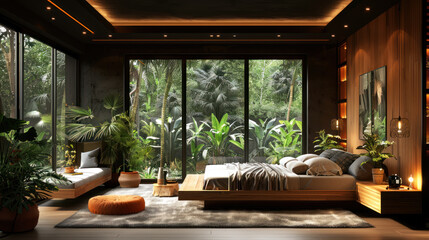 Natural black shade bedroom of a house villa resort by lush jungle