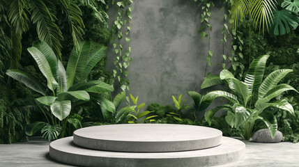 Round Wood Podium Dish with Beautiful Wood Grain, Sunlight, and Tropical Palm Leaf Shadow on White Table. Ai Generated.
