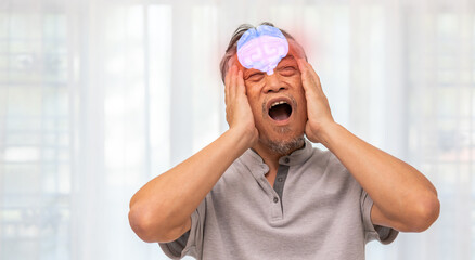 Sick unhappy senior elderly man touching head serious depressed feeling headache thinking of...