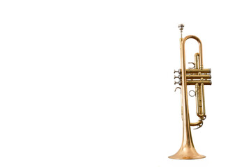 close-up of an old trumpet isolated on white background