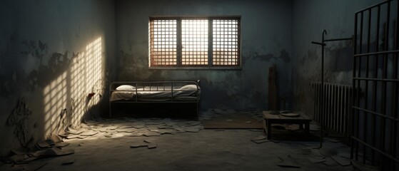 A dimly lit prison cell with a bed, barred window, and a single light beam.