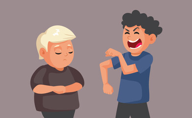 Aggressive Boy Harassing a Vulnerable Colleague Vector Illustration. Student harassing a class mate intimidating and insulting him
