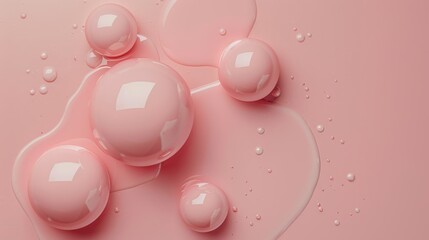  A tight shot of a pink liquid with water drops at its surface and a light pink background peppered with white bubbles beneath