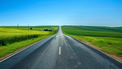 Fototapeta premium A long, straight road stretches towards the horizon, bordered by lush green fields under a bright blue sky.