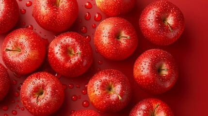  A red apple group rests atop a red surface, their summits dotted with water droplets Beneath, green stems attach the apples to the base
