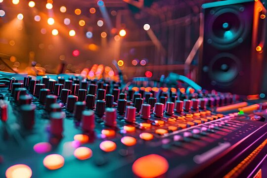 RL LINEAR WINDOWS in front of sound console, concert stage with lights, concert poster style, blurred background