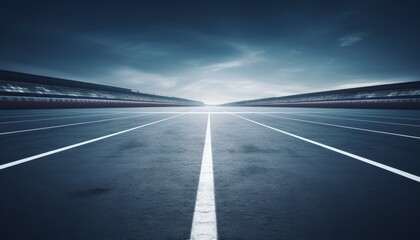 Fototapeta premium A long, straight road stretches towards a bright horizon under a dramatic cloudy sky. The asphalt is smooth and empty, with white lines guiding the way.