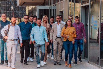 A diverse group of businessmen and colleagues walking together by their workplace, showcasing collaboration and teamwork in the company.
