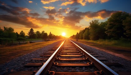 Obraz premium A picturesque railroad track stretches into the distance, leading towards a vibrant sunset. The golden light illuminates the scene, creating a sense of hope and possibility.