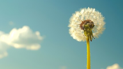  A dandelion drifts in the wind against a backdrop of a blue sky and white clouds In the foreground, a yellow pole holds a dandelion